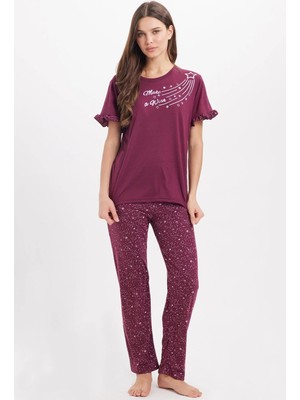 Tudors Kadın Regular Fit Klasik Kesim %100 Pamuk Fırfır Detaylı Kısa Kollu Baskılı Mürdüm Pijama Takımı