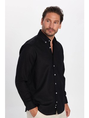 Tudors Erkek Regular Fit Klasik Kesim Oversize Pamuklu Keten Doku Düğmeli Yaka Siyah Gömlek
