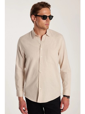 Tudors Erkek Regular Fit Klasik Kesim Oversize %100 Pamuk Keten Doku Tek Cepli Bej Gömlek