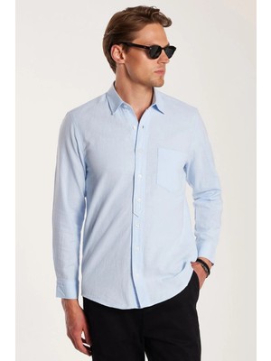 Tudors Erkek Regular Fit Klasik Kesim Oversize %100 Pamuk Keten Doku Tek Cepli Mavi Gömlek