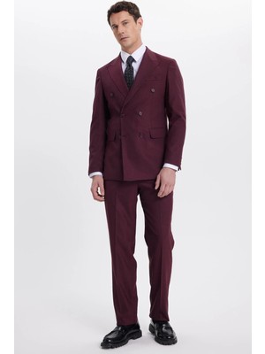 Tudors Erkek Slim Fit Sivri Yaka Çizgili Kapaklı Cepli Bordo Takım Elbise