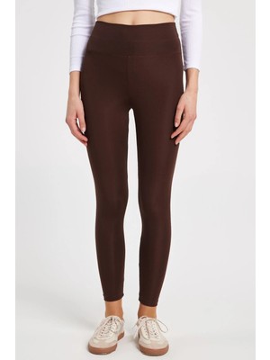 Tudors Kadın Slim Fit Dar Kesim Scuba Kumaş Beli Lastikli Kahverengi Tayt