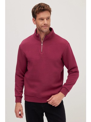Tudors Unisex Relax Fit Rahat Kesim Pamuklu İçi Polarlı Yarım Fermuarlı Fuşya Dik Yaka Sweatshirt