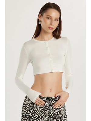 Tudors Kadın Slim Fit Dar Kesim Uzun Kollu Bisiklet Yaka Ekru Hırka