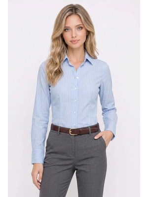 Tudors Kadın Slim Fit Dar Kesim Pamuklu Uzun Kollu Çizgili Mavi Kadın Gömlek