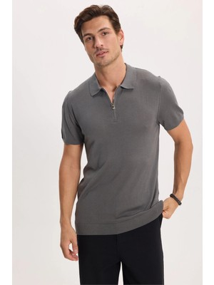 Tudors Erkek Slim Fit Dar Kesim %100 Pamuk Örme Triko Fermuarlı Füme Polo Yaka Tişört