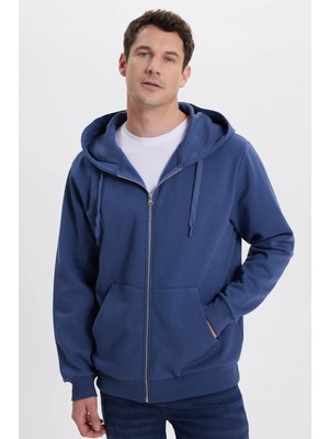 Tudors Unisex Relax Fit Rahat Kesim Pamuklu İçi Polarlı Çift Cepli Tam Fermuarlı İndigo Kapüşonlu Sweatshir