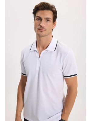 Tudors Erkek Slim Fit Dar Kesim %100 Pamuk Jakarlı Düz Yaka ve Kol Detaylı Beyaz Polo Yaka Tişört