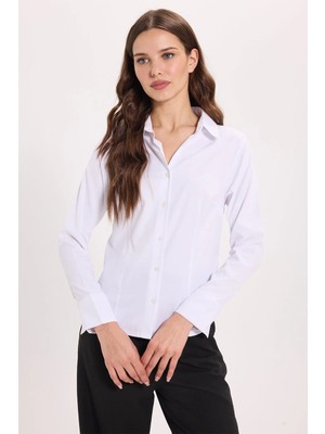 Tudors Kadın Slim Fit Dar Kesim Klasik Yaka Uzun Kollu Beyaz Gömlek