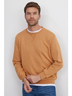 Tudors Unisex Relax Fit Rahat Kesim %100 Pamuk 3 İplik Basic Camel Bisiklet Yaka Sweatshirt