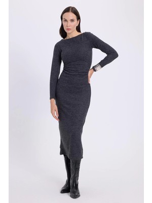 Tudors Kadın Slim Fit Dar Kesim Bisiklet Yaka Antrasit Elbise