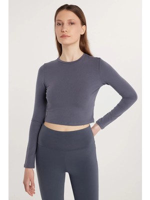 Tudors Kadın Slim Fit Pamuklu Düz Bisiklet Yaka Antrasit Bluz
