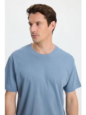 Tudors Unisex Relax Fit Rahat Kesim %100 Pamuk Yumuşak Dokulu Hafif Kalın Basic Bisiklet Yaka Mavi Tişört