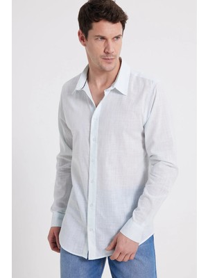 Tudors Erkek Slim Fit Dar Kesim %100 Pamuk Çizgili Uzun Kollu Keten Efektli Mint Gömlek