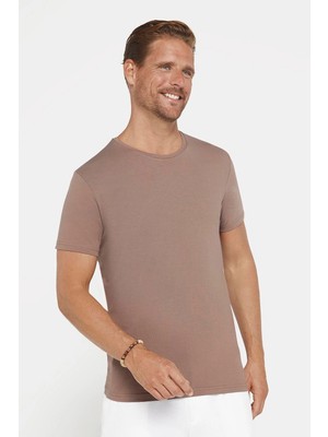 Tudors Erkek Slim Fit Dar Kesim Pamuklu Yumuşak Dokulu Esnek Kumaş Düz Basic Kahverengi Bisiklet Yaka Tişör