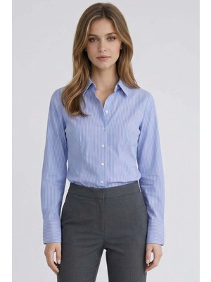 Tudors Kadın Slim Fit Dar Kesim Pamuklu Uzun Kollu Çizgili Mavi Kadın Gömlek