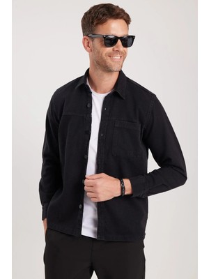 Tudors Regular Fit Rahat Kesim Cepli Denim Düğmeli Yaka Siyah Kot Gömlek