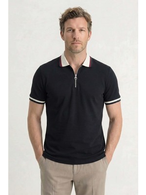 Tudors Erkek Slim Fit Dar Kesim %100 Pamuk Kısa Kollu Yarım Fermuarlı Siyah Polo Yaka Tişört