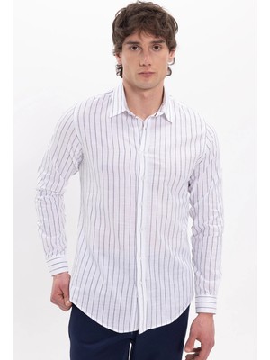 Tudors Erkek Slim Fit Dar Kesim Uzun Kollu %100 Pamuk Keten Doku Çizgili Gömlek