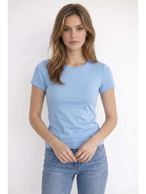 Tudors Kadın Slim Fit Dar Kesim %100 Pamuk Kısa Kol Bisiklet Yaka Mavi Tişört