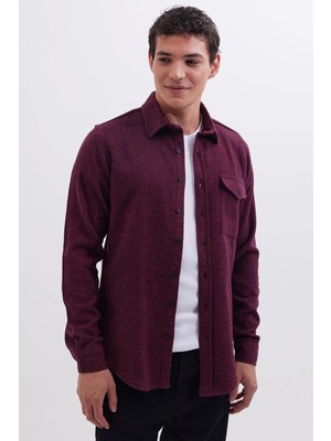 Tudors Erkek Slim Fit Tek Cep Kapaklı Düz Oduncu Spor Bordo Gömlek