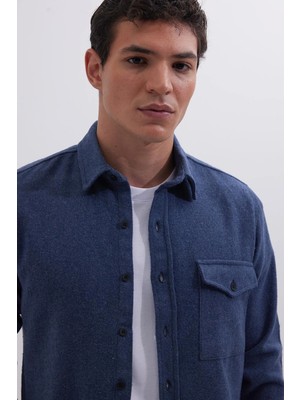 Tudors Erkek Slim Fit Tek Cep Kapaklı Düz Oduncu Spor Indigo Gömlek