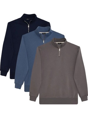 Tudors Unisex 3'lü Paket Lacivert-İndigo-Gri Relax Fit Pamuklu Yarım Fermuarlı Dik Yaka Sweatshirt
