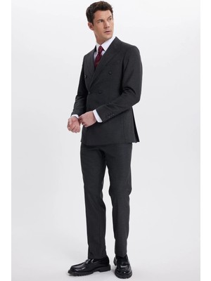 Tudors Erkek Slim Fit Sivri Yaka Çizgili Kapaklı Cepli Antrasit Takım Elbise