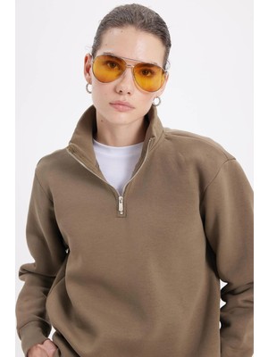 Tudors Kadın Relax Fit Rahat Kesim Pamuklu Içi Polarlı Yarım Fermuarlı Haki Dik Yaka Sweatshirt