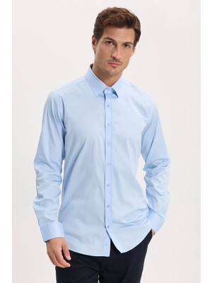 Tudors Erkek Modern Slim Fit Uzun Kollu %100 Pamuk Premium Seri Saten Mavi Gömlek