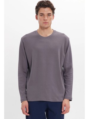 Tudors Unisex Relax Fit Rahat Kesim %100 Pamuk Uzun Kollu Bisiklet Yaka Koyu Gri Basic Tişört