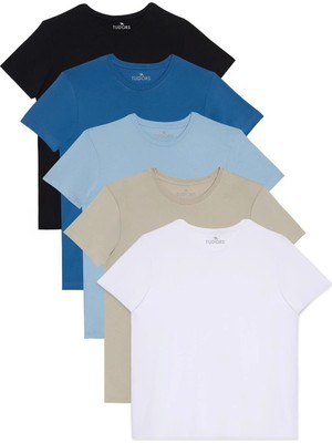 Unisex 5'li Paket Siyah-Taş-Mavi-Açık Mavi-Beyaz Slim Fit Dar Kesim %100 Pamuk Bisiklet Yaka Tişört