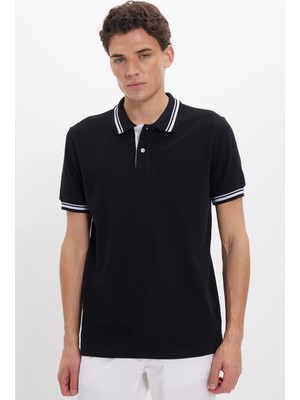 Tudors Erkek Slim Fit Dar Kesim %100 Pamuk Düz Pike Yaka ve Kol Detaylı Siyah Polo Yaka Tişört