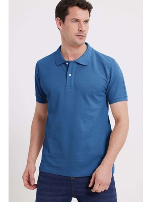 Tudors Erkek Slim Fit Dar Kesim %100 Pamuk Kısa Kollu Polo Yaka Mavi Tişört