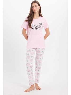Tudors Kadın Regular Fit Klasik Kesim %100 Pamuk Bisiklet Yaka Kısa Kollu Baskılı Pembe Pijama Takımı