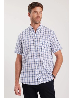 Tudors Erkek Regular Fit Klasik Kesim Oversize %100 Pamuk Keten Doku Cepli Kareli Kısa Kollu Gömlek