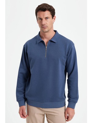 Tudors Erkek Relax Fit Rahat Kesim Pamuklu 3 İplik Fermuarlı Polo Yaka Koyu Mavi Sweatshirt