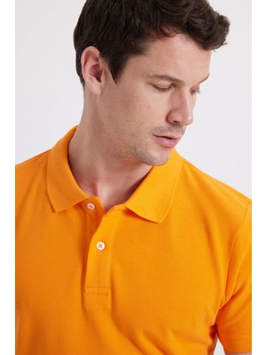 Tudors Erkek Slim Fit Dar Kesim %100 Pamuk Kısa Kollu Polo Yaka Turuncu Tişört
