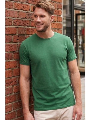 Tudors Unisex Slim Fit Dar Kesim %100 Pamuk Yumuşak Dokulu Yeşil Bisiklet Yaka Tişört