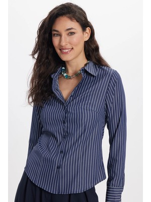 Tudors Kadın Slim Fit Dar Kesim Uzun Kollu Çizgili Lacivert Gömlek
