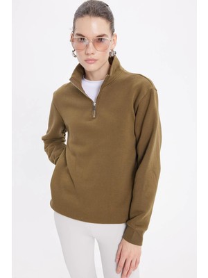 Tudors Kadın Relax Fit Rahat Kesim Pamuklu İçi Polarlı Yarım Fermuarlı Yeşil Dik Yaka Sweatshirt
