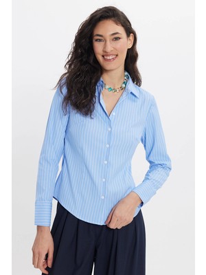 Tudors Kadın Slim Fit Dar Kesim Uzun Kollu Çizgili Mavi Gömlek