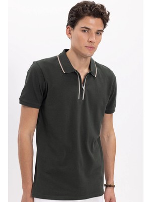 Tudors Erkek Slim Fit Dar Kesim %100 Pamuk Kısa Kollu Yarım Fermuarlı Yeşil Polo Yaka Tişört
