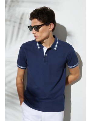 Tudors Erkek Slim Fit Dar Kesim %100 Pamuk Düz Pike Yaka ve Kol Detaylı Lacivert Polo Yaka Tişört
