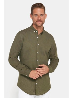 Tudors Erkek Slim Fit Dar Kesim Uzun Kollu Keten Premium Seri Düğmeli Yaka Spor Haki Gömlek