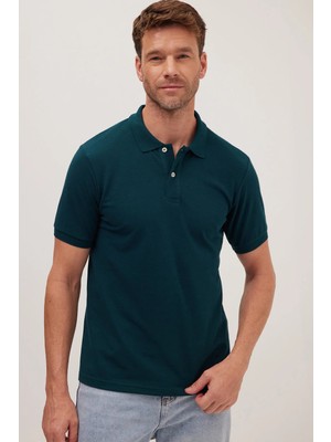 Tudors Erkek Slim Fit Dar Kesim Pamuklu Yumuşak Dokulu Serin Tutan Kumaş Düz Pike Yeşil Polo Yaka Tişört
