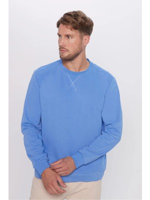 Tudors Unisex Oversize Geniş Kesim Pamuklu Basic İndigo Renk Bisiklet Yaka Sweatshirt
