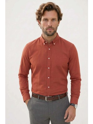 Tudors Erkek Slim Fit Dar Kesim %100 Pamuk Düğmeli Yaka Flam Keten Turuncu Gömlek
