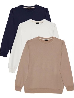 Tudors Erkek 3'lü Taş-Beyaz-Lacivert Relax Fit Rahat Kesim %100 Pamuk 2 İplik Bisiklet Yaka Sweatshirt