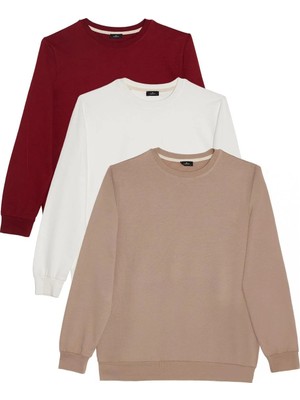 Tudors Erkek 3'lü Taş-Beyaz-Bordo Relax Fit Rahat Kesim %100 Pamuk 2 İplik Bisiklet Yaka Sweatshirt